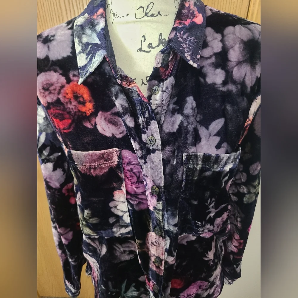 Pilcro Anthropologie Hadley Relaxed Floral Velvet Button Down Shirt - Picture 3 of 5